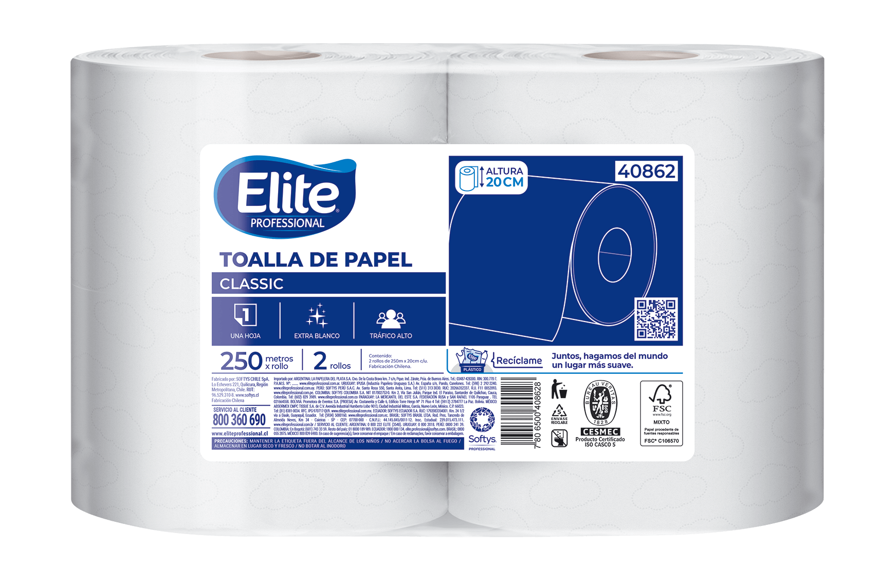 Toalla Rollo Una Hoja 2 Un x 250 Metros Elite Professional